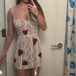 For Love And Lemons Cream Lace Mini Dress with Red Accents